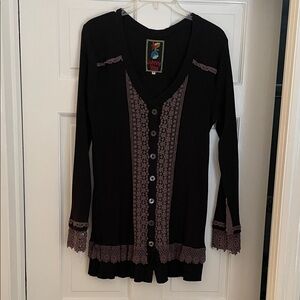Johnny Was Black Button-Front Top with Mauve Lace Trim